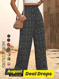 Women's Ditsy Floral Print Shirred Wide Leg Pants, Boho Frill Trim High Waist Trousers for Spring & Fall, Women's Bottoms for Daily Wear, Baggy Leggings, Loose Legged Pants