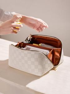 Fashion Check Pattern Zip Pu Leather Handbag, Large Capacity Portable Travel Cosmetic Storage Bag, Simple All-match Bag for Daily Life, Travel Cosmetic Bags