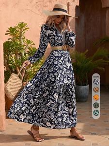Women's Floral Print Embroidered Trim Bishop Sleeve Notch Neck A-line Long Dress, Casual Dresses for Women, Soft Fashion Boho Spring & Fall Summer, Bohemian Maxi Dresses for Vacation, Holiday Beach Dresses, Belleza Fits, Lady Elegant Womenswear