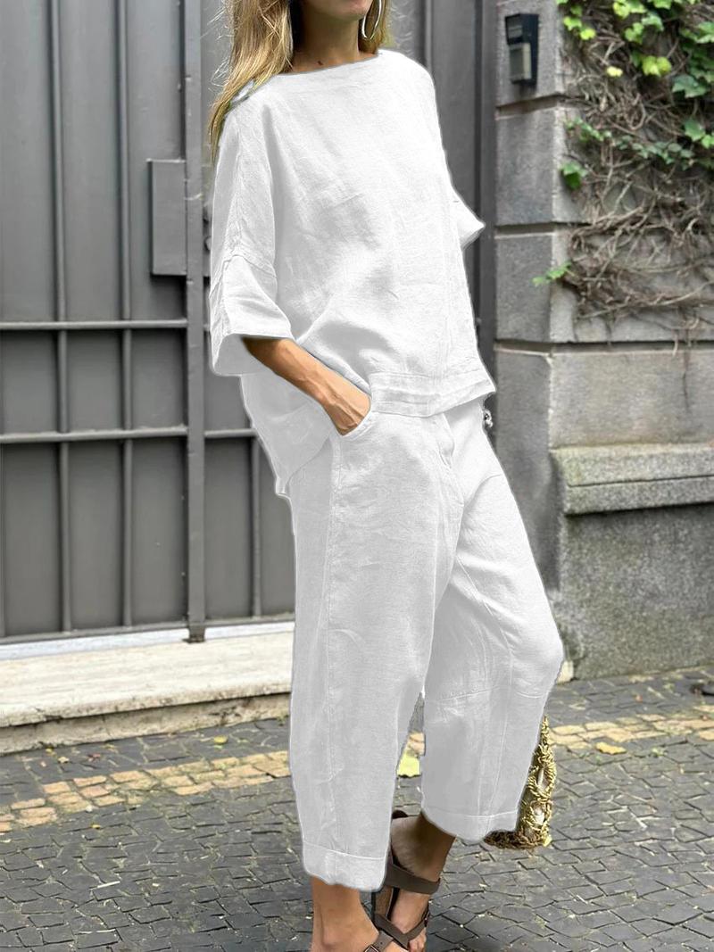 Product Introduction of Fashion Cotton Linen Women Suit Casual Half Sleeve O Neck Top And Loose Pocket Pants 2 Piece Set 2025 Spring Summer Sets Female 7