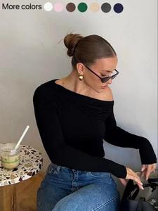 Women's Plain Ruched Asymmetrical Neck Crop Tee, Elegant Fashion Long Sleeve T-shirt for Daily Outdoor Wear, Women Clothing for Fall & Winter