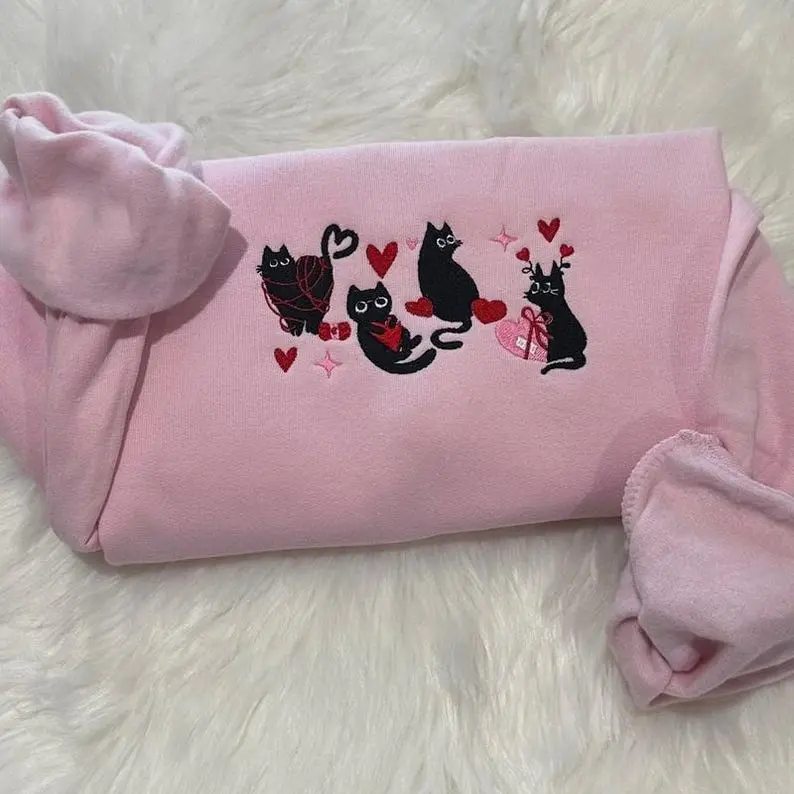 Embroidered Black Cat Valentine Sweatshirt, Heart Cat Sweatshirt, Black Cat Embroidered, Valentines Day Black Cat Sweatshirt, Cat Lover Gift 0