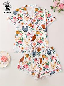 【plus Size】 Floral & Chicken Print Pajama Two-piece Set, Casual Comfy Short Sleeve Top & Shorts Pj Set, Women's Sleepwear for All Seasons, Loungewear, Womenswear, Lady Homewear, Pajamas Sleepwear, Summer Sleepwear, Pyjamas