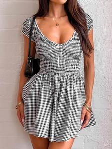 Women's Plaid Print Tie Front Romper, Casual Romper for Summer, Fashion Women's Clothing for Daily Wear,  Vacation Romper