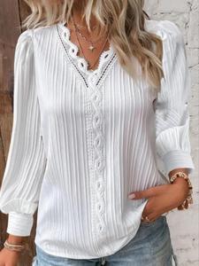 Women's Plain Contrast Lace Tee, Casual Long Sleeve T-shirt for Daily Wear, Ladies Clothes for All Seasons