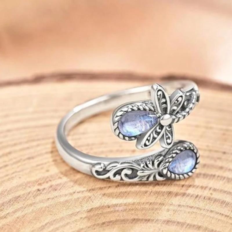 1pc Bohemian style moonstone dragonfly adjustable open ring, suitable for women daily wear, birthday gift 0