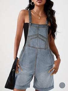Women's Denim Overalls Shorts, Casual Comfy Adjustable Buckle Straps Cuffed Hem Jean Shortalls for Daily Wear, Casual Wearfor Ladies