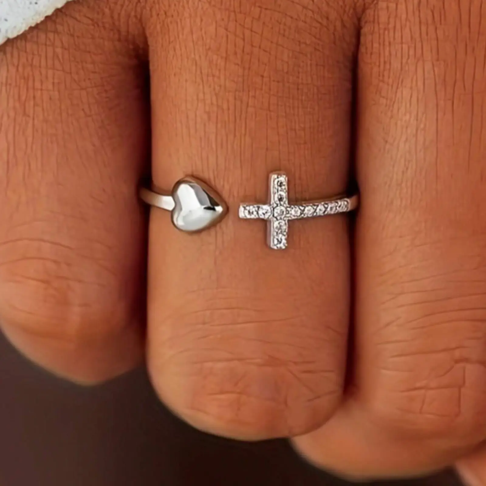 Bohemian Style Elegant Open Cross Ring with Stones, Adjustable Finger Jewelry Accessories