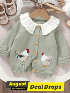Baby Chicken Embroidery Button Front Cardigan, Cute Cozy Long Sleeve Collar Knitwear for Baby Girls, Newborn Infant Kids Clothes for Fall & Winter, Clothing, Solid Color Coat, Collared Coats