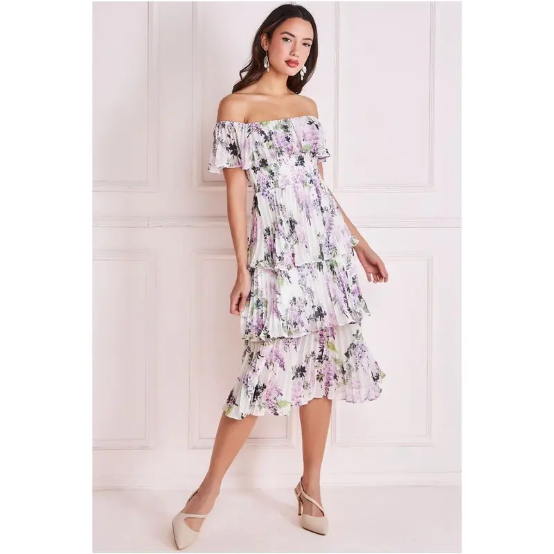 Shirred Chiffon Floral Bardot Midi Dress - Multi by Goddiva 1