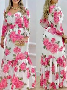 Women's Floral Print Dress, 1 Count Casual Fashionable Elegant V Neck Bishop Sleeve Long Dress for Spring Summer, Women's Vneck Clothing for Daily Wear, Womenswear, Classy Modest Dresses