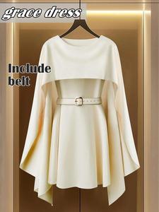 Women's Solid Belted Cloak Sleeve Dress, Casual Fashion Cozy Round Neck Dress for Daily Outdoor Wear, Ladies Clothes for Spring