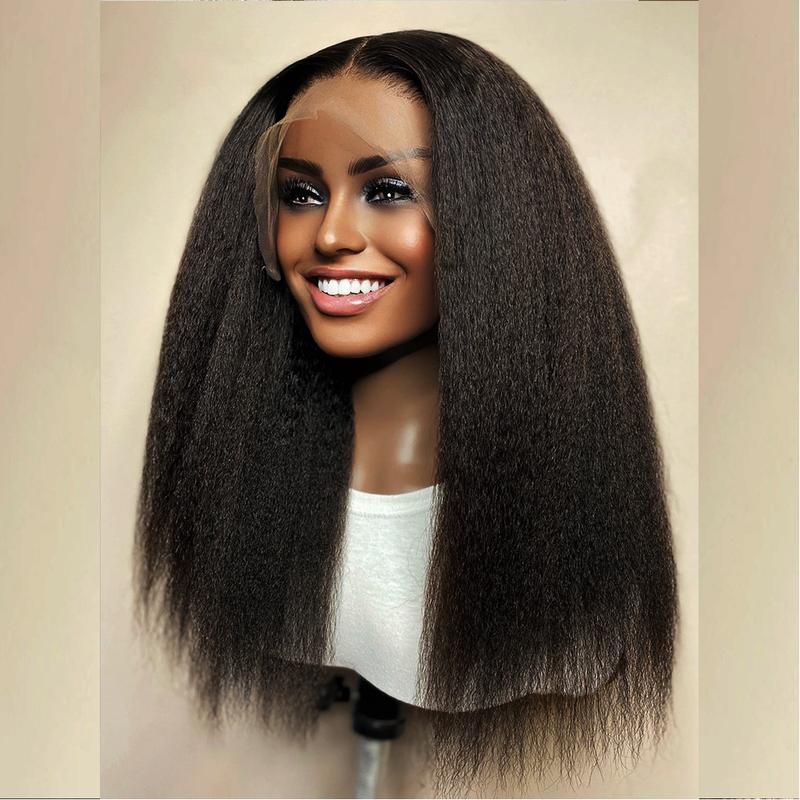 Soft Yaki Preplucked Black Color 26Inch 180Density Kinky Straight Lace Front Wig Synthetic Baby Hair Glueless Daily Wear Wig 2