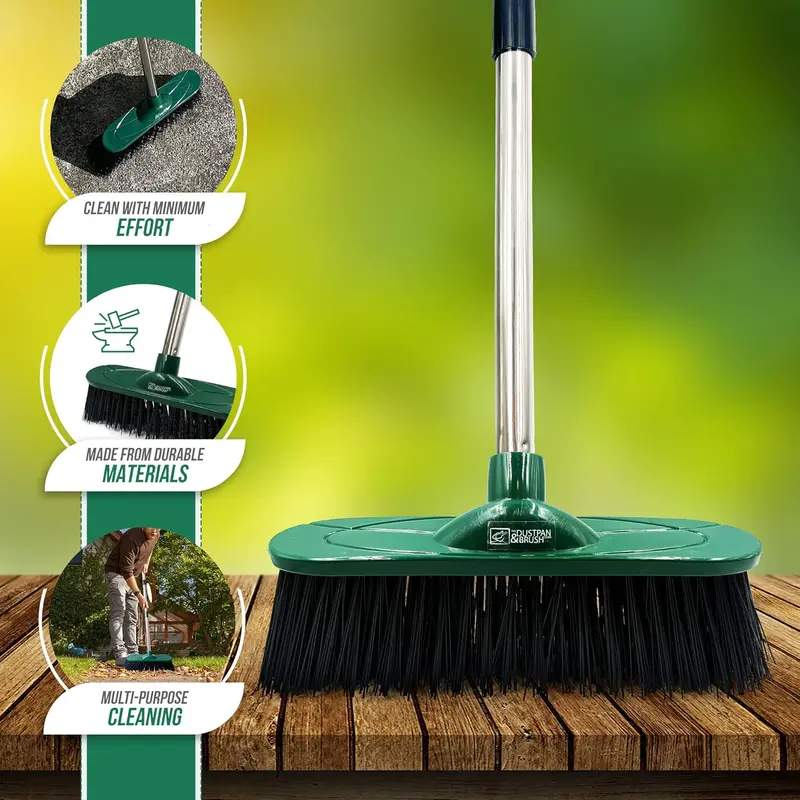 Stiff Sweeping Broom for Cleaning GardensYard Broom Outdoor Heavy Duty, 10” Synthetic Hard Bristle Brush Head and 4-Sections Stainless Steel Handle 5