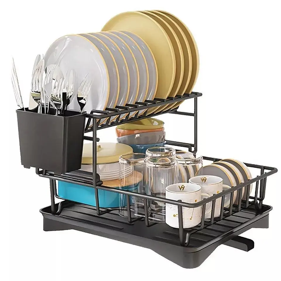 2-Tier Dish Drainer Rack with Drip Tray and Cutlery Holder for Kitchen Sink Organization - Organiser Organiser