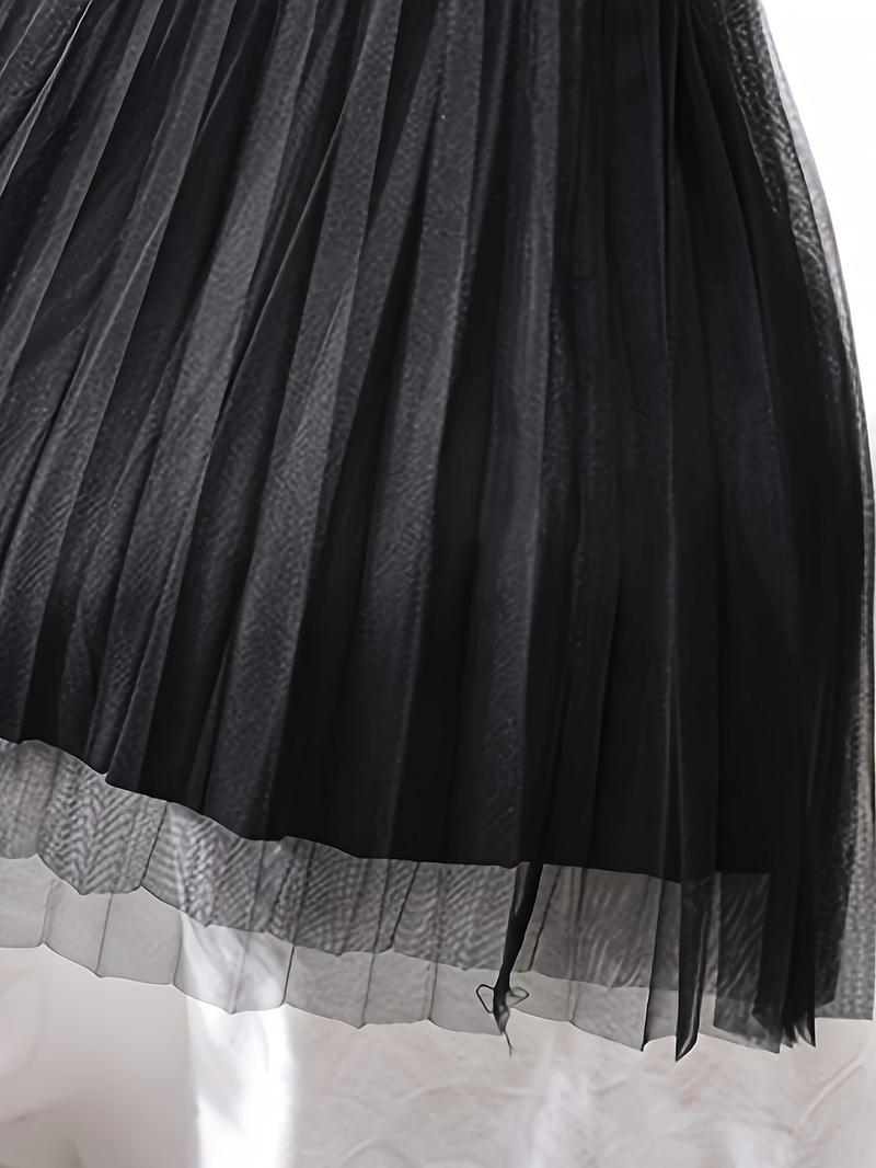 Product Introduction of Polly Pocket Skirt Women'S Chic A-Line Pleated Skirt, 100% Polyester Knit Fabric, Solid Color, Elastic Waist, All-Season, Breathable Mesh Lining, 24g/m² - Elegant Midi Skirt 9