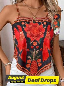 Women's Floral Print Boho Backless Camisole Top, Boho Sleeveless Top for Summer, Ladies Clothes for Daily Wear, Womenswear