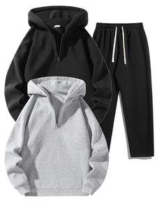 Men's Solid Half Zip Hoodie & Pants Set, Casual Regular Fit Long Sleeve Hooded Sweatshirt & Straight Leg Pants, Men's Fall & Winter Clothes