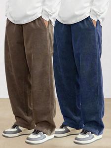 Men's Solid Corduroy Pants, Casual Comfy Loose Straight Leg Trousers for Fall & Winter, Men's Bottoms for Daily Wear