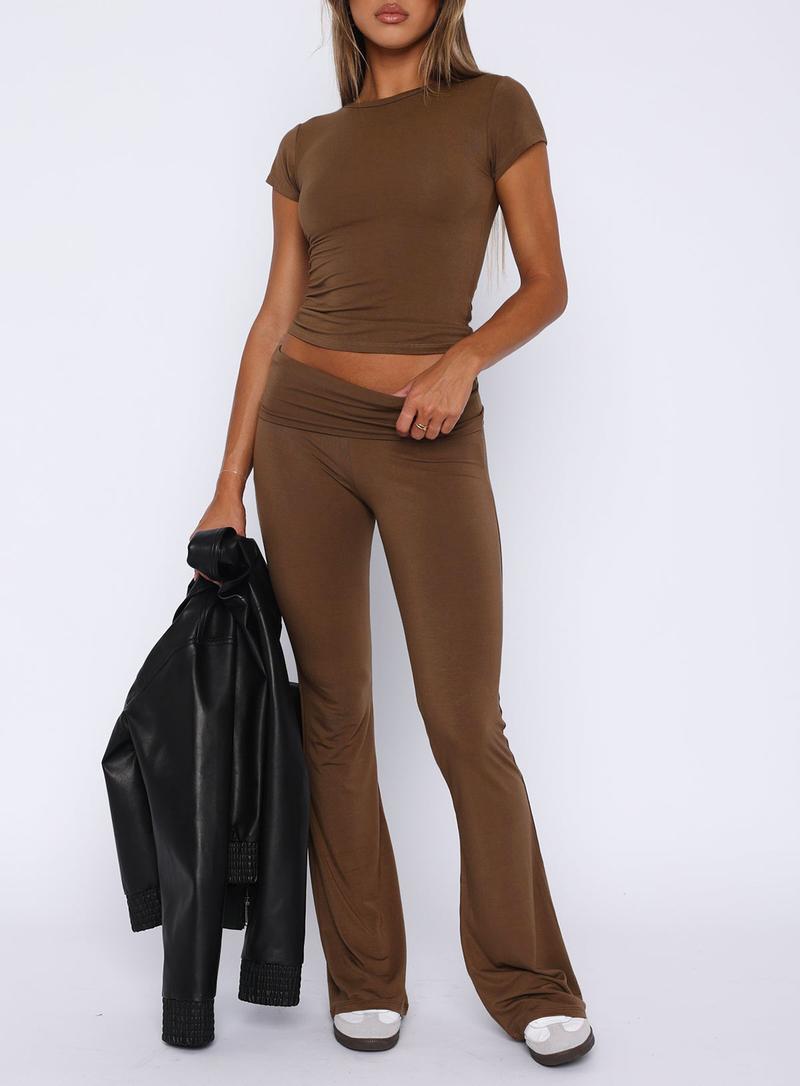 Product Introduction of Women 2 Piece Lounge Sets Matching Sets Short Sleeve Cropped Top Fold Over Flare Pants Yoga Tracksuit 11