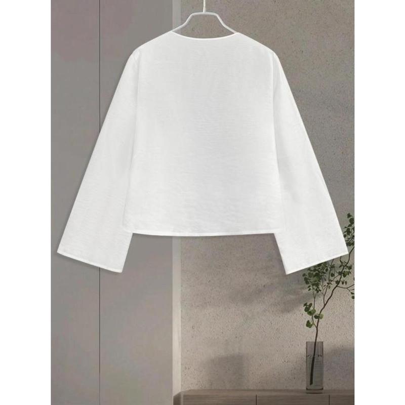 Women's Plain Tie Front V Neck Blouse, Casual Long Sleeve Top for Spring & Fall, Women's Clothing for Daily Wear, Workwear, January Workwear 1