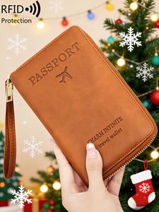 Pure Color Rfid Portable Passport Holder, Passport Cover, Multi-Functional Ticket Case, Travel Document Holder, Travel Credit Card Wallet with Zipper and Wrist Strap,Christmas Gift, Valentine's Day Gift, Ideal Gift