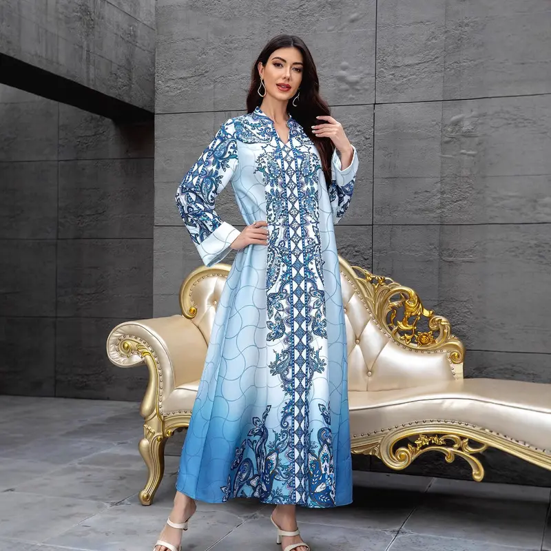 2025 Fashion Printed V-neck Loose Slim Dress Women's Beaded Rhinestone Robe New 3