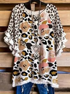【Plus Size】 Floral & Leopard Print Frill Trim Tee, Casual Round Neck T-shirt for Summer, Women's Plus Clothing for Daily Wear