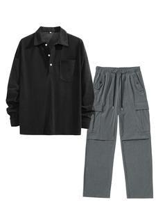 Men's Solid Long Sleeve Shirt & Pocket Pants Corduroy Set, Loose Casual Fashion Cozy Breathable Two-piece Outfits for Daily Outdoor Wear, Men Clothes for Spring & Fall