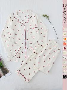 Women's Button Front Blouse & Bow Front Contrast Binding Pants Pyjama Set, Casual Long Sleeve Lapel Top & Trousers, Summer Outfits 2024, Sleepwear for Spring & Fall, National Day Offers