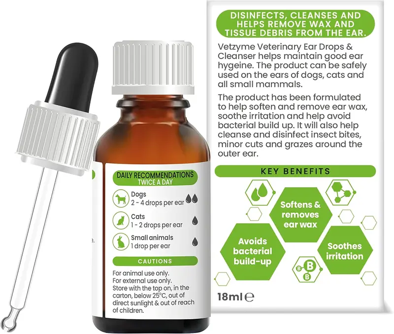Vetzyme Veterinary Ear Drops for Dogs, Cats and Small Pets - Antibacterial Formula Fights Infection and Soothes Irritation (18ml) 1