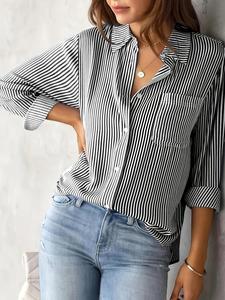 Women's Striped Print Button Front Shirt, Casual Long Sleeve Pocket Collared Top for Daily Wear, Summer Outfits 2024, Ladies Clothes for All Seasons, National Day Clothing, Casual Business Top