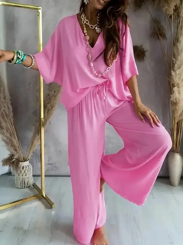 Elegant Two-Piece Lounge Set-Women's Solid Color V-Neck Half Sleeve Top Wide Leg Pants, Soft Breathable Fabric, Loose Fit, Effortless Chic, Comfortable Stylish Daily Wear Travel Office Loungewear Casual Outings & Vacation Perfect Gift for Women Daily Wear 5