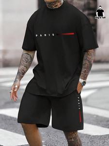Men's Plus Size Letter Print Short Sleeve Tee & Pocket Shorts Set, Regular Fit Round Neck T-shirt & Track Shorts, Casual Fashion Cozy Breathable Men Two-piece Outfits for Summer, Shortsleeve Clothes, Menswear