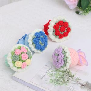 Handmade Mini Cute Crochet Eternal Artificial Rose Knitted Flower Bouquet for Girl