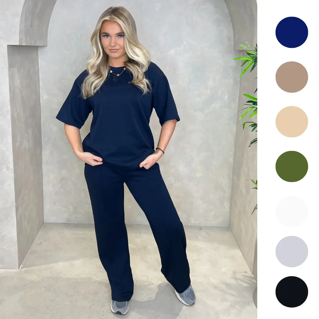 Round Neck Short Sleeve Top With Piped Wide Leg Trouser,Elastic Waist Fits A Size 6-16