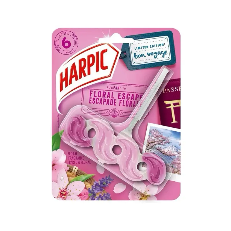 Harpic Floral Escape toilet rim block, a product designed to clean and freshen the toilet bowl with each flush Cleaning