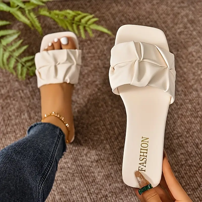 Women's Pleated Design Slide Sandals, Casual Square Open Toe Flat Summer Shoes, Lightweight Slide Sandals