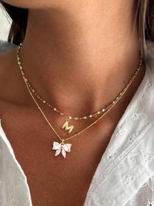 Initials Letter & Bowknot Design Pendant Necklace, Elegant Layered Necklace for Women for Gift, Girl's Temperament All-match Accessory