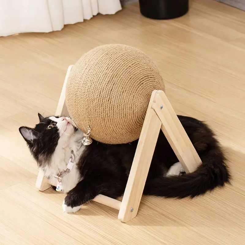 {BY} Natural Wood Cat Scratcher - Sisal-Covered Scratching Post & Play Ball 4