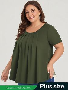 【Plus Size】 Solid Plicated Round Neck Tee, Casual Short Sleeve Crew Neck Stretchy Polyester Spandex T-shirt for Summer, Tops for Women, Women's Clothing for Daily Wear, Soft Stretchy Spandex Summer Tops, Womenswear, Elegant Plus Size Crewneck Tshirt