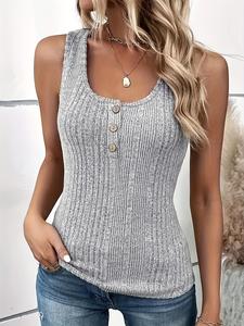 Women's Plain Button Front Scoop Neck Tank Top, Classy Comfort Basic Casual Solid Sleeveless Top for Lady, Ladies Summer Clothes, Summer Outfit 2024