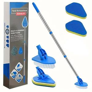 2 in 1 Retractable Restroom Cleaning Brush, 1 Set Including 3 Sponge Head & 1 Bathroom Cleaning Brush & 1 Stainless Steel Handle, Multifunctional Cleaning Tool for Kitchen, Pool, Blue Bathroom Accessory, Bathroom Plunger Supplies, House Cleaning Tools