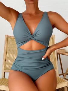 Women's Plain Cut Out Ruched Twist One-piece Swimsuit, Casual V Neck Sleeveless Swimwear for Beach Holiday Vacation, Ladies Swimsuit for All Seasons, Swim Bodysuit, Swimsuit for Women, Swimsuit Style Stretchy Swimwear