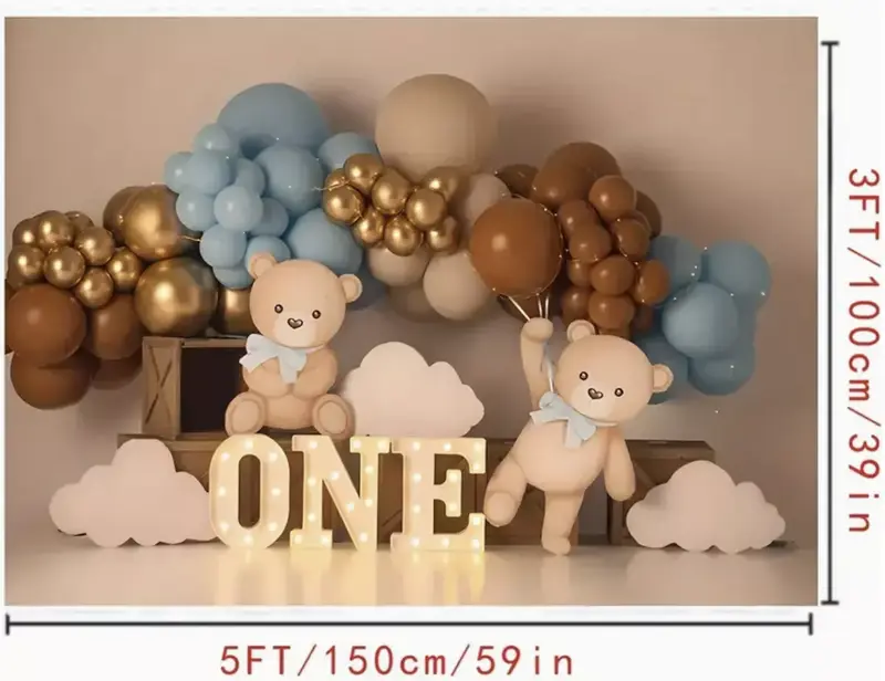 Cute Teddy and Balloons Birthday Backdrop 2