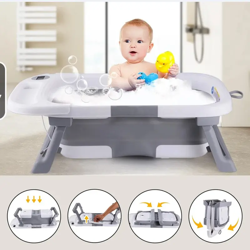 Foldable Baby Bath Tub Ergonomic with Temperature & Cushion Bath Pad + Bath Net 6