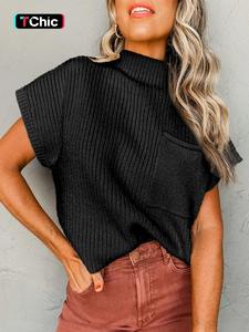 Women's Plain Pocket Batwing Sleeve Knit Top, Casual Short Sleeve High Neck Knitwear for Summer, Fashion Ladies' Knit Clothing for Daily Wear