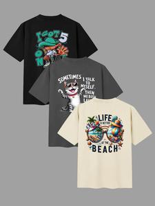 Men's Letter & Cartoon & Cat Print Round Neck Tee, Regular Fit Casual Short Sleeve T-shirt for Summer, Men's Top for Daily Wear