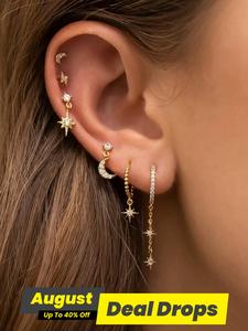 Star & Moon Design Dangle Earrings & Stud Earrings, Cute Rhinestone Decor Earrings Set, Trendy Dainty Fashion Jewelry Accessories for Women & Girls