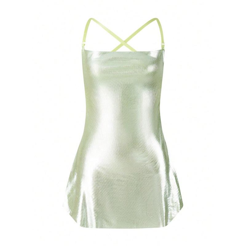 Women Summer Shiny Spaghetti Strap Dress Solid Color Sleeveless Backless Party Dress For Cocktail Nightclub Beach 7